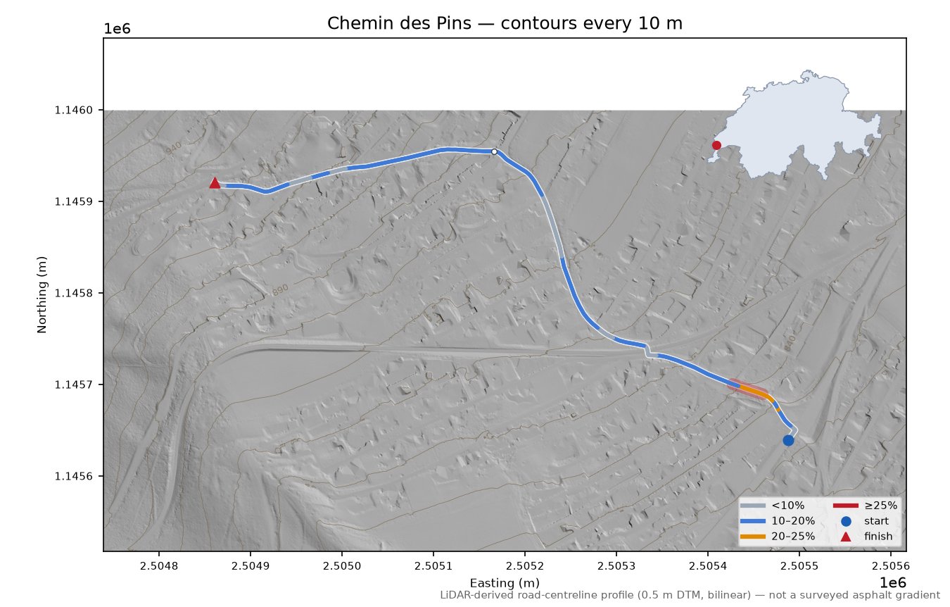 Chemin des Pins LiDAR hillshade map with contours