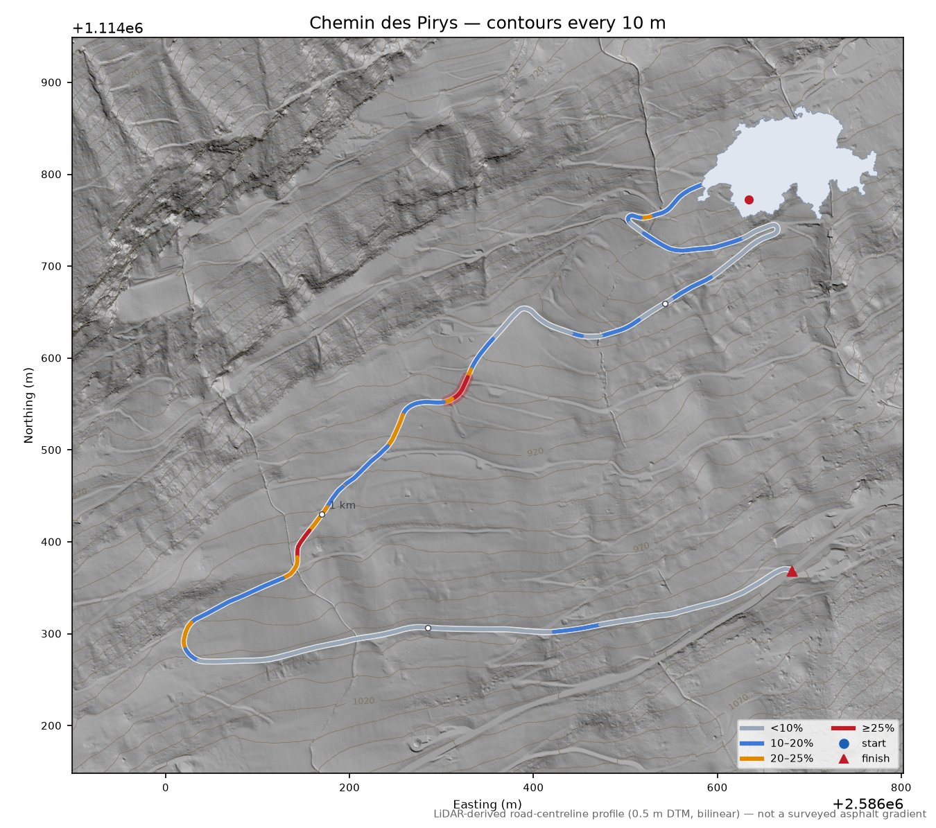 Chemin des Pirys LiDAR hillshade map with contours
