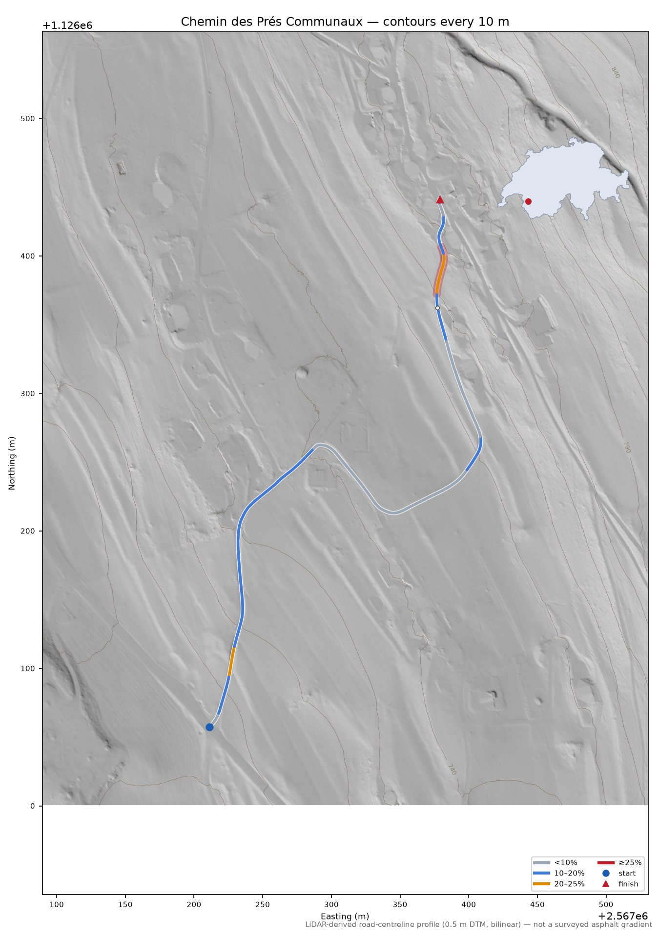 Chemin des Prés Communaux LiDAR hillshade map with contours