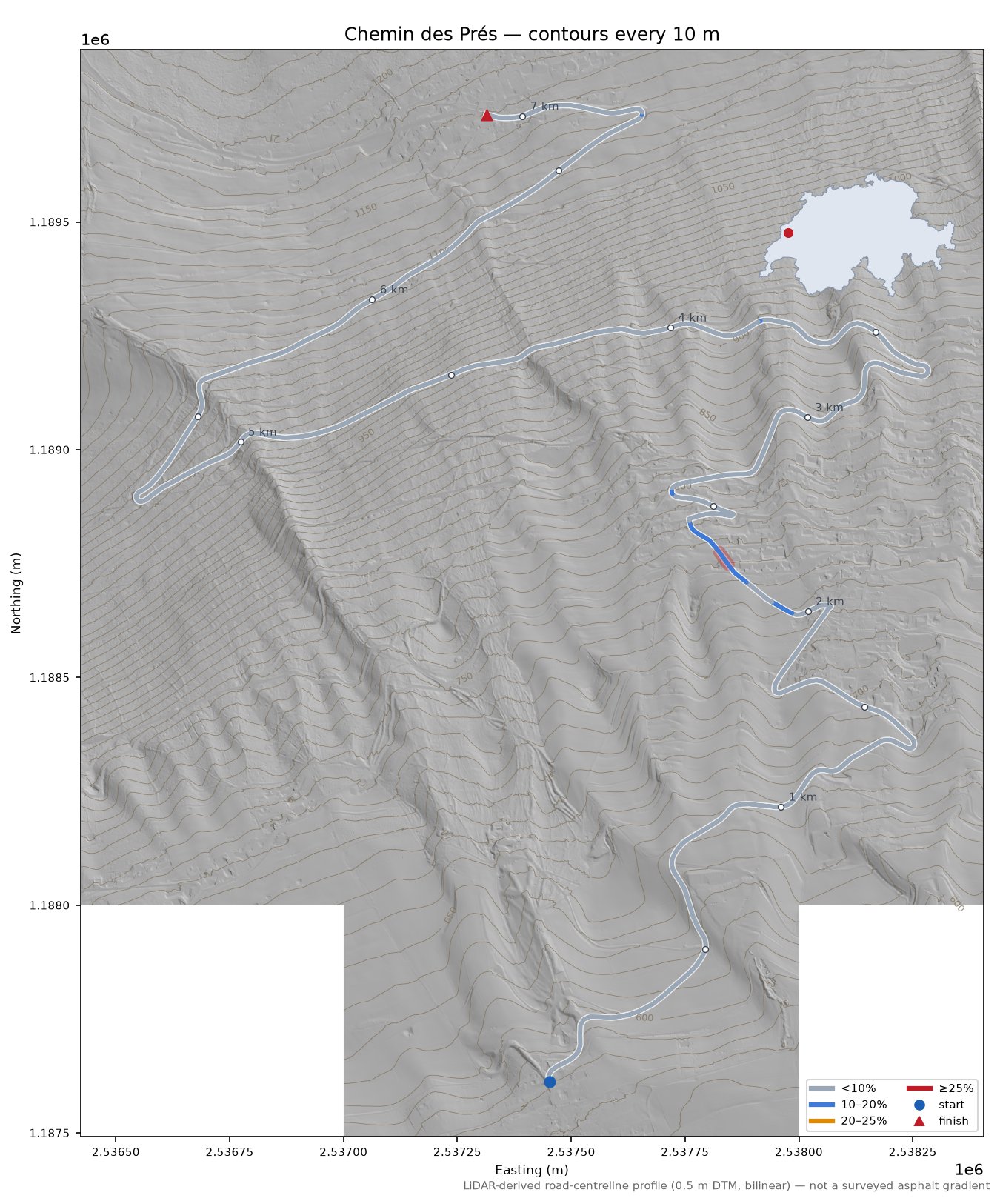 Chemin des Prés LiDAR hillshade map with contours