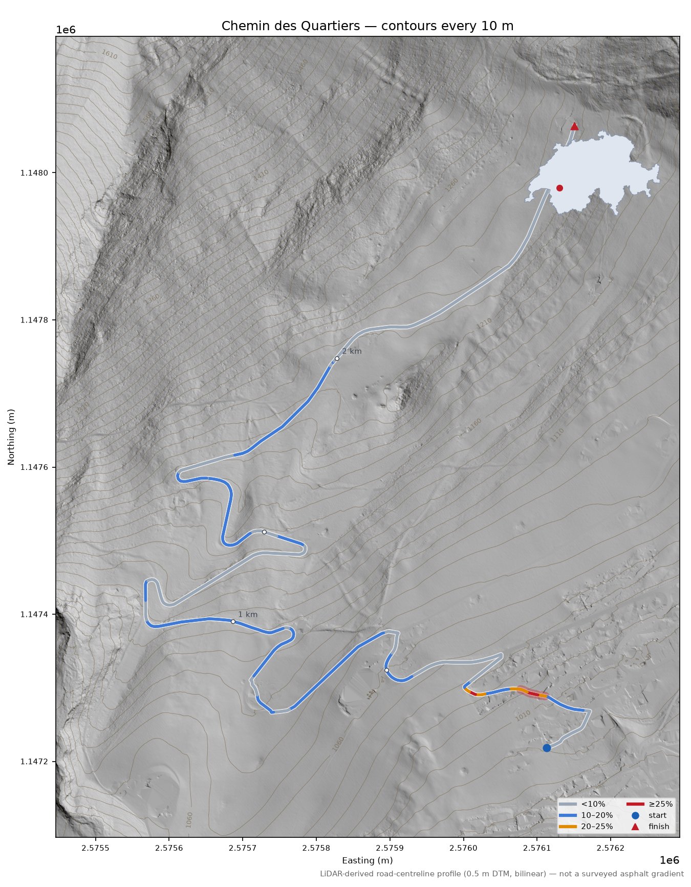 Chemin des Quartiers LiDAR hillshade map with contours