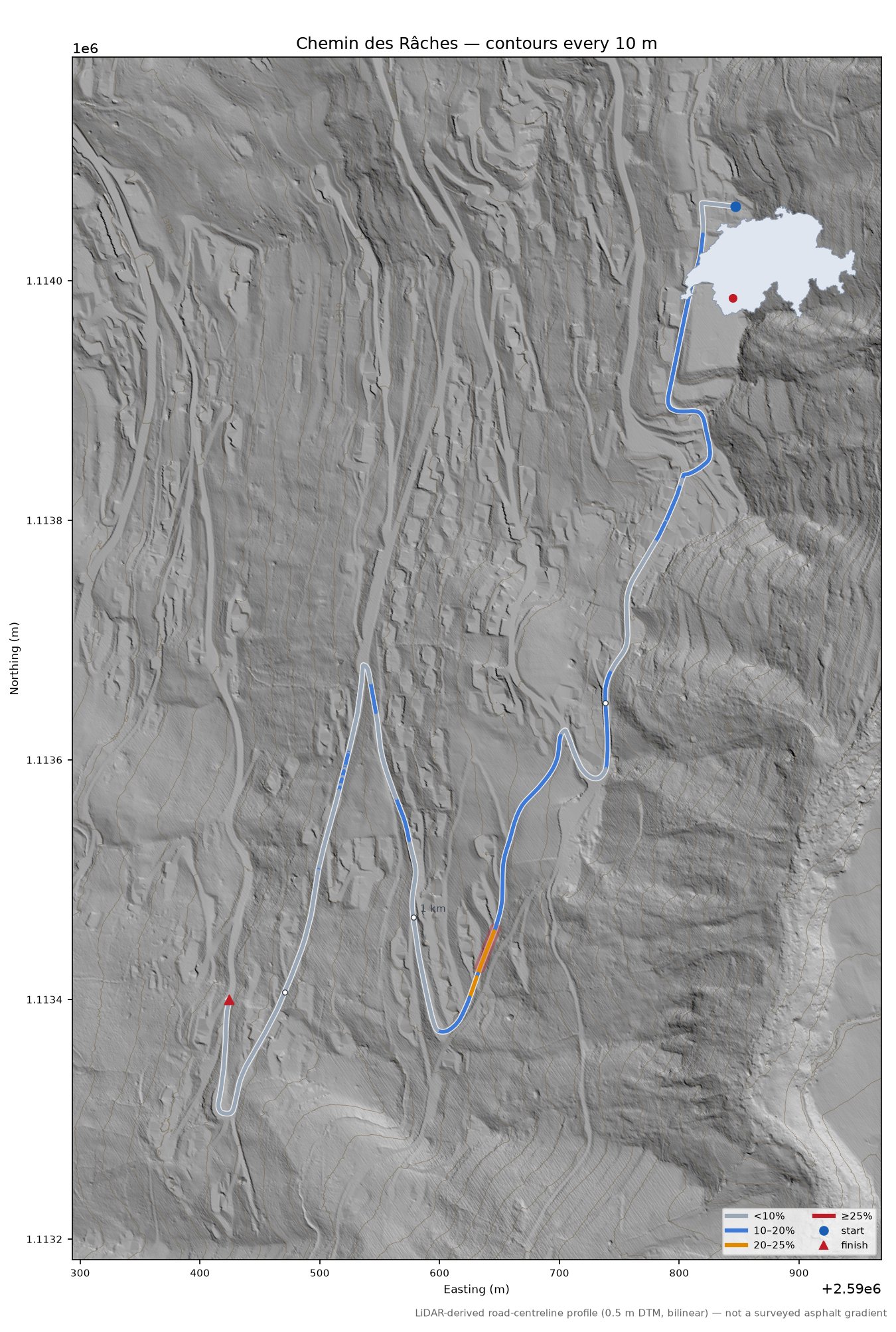 Chemin des Râches LiDAR hillshade map with contours