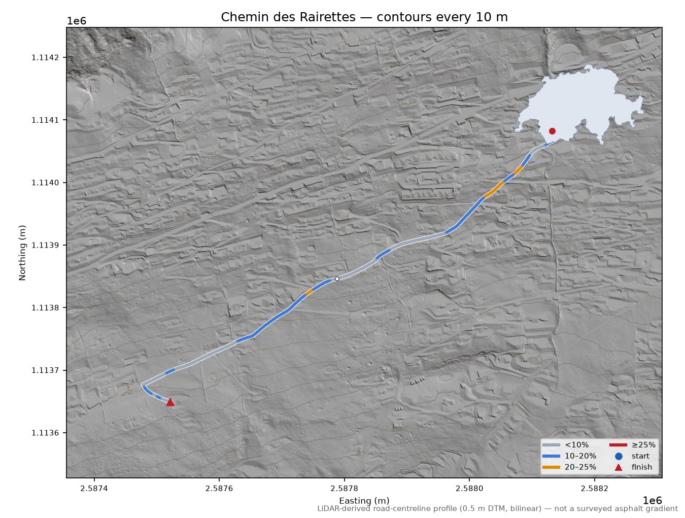 Chemin des Rairettes LiDAR hillshade map with contours