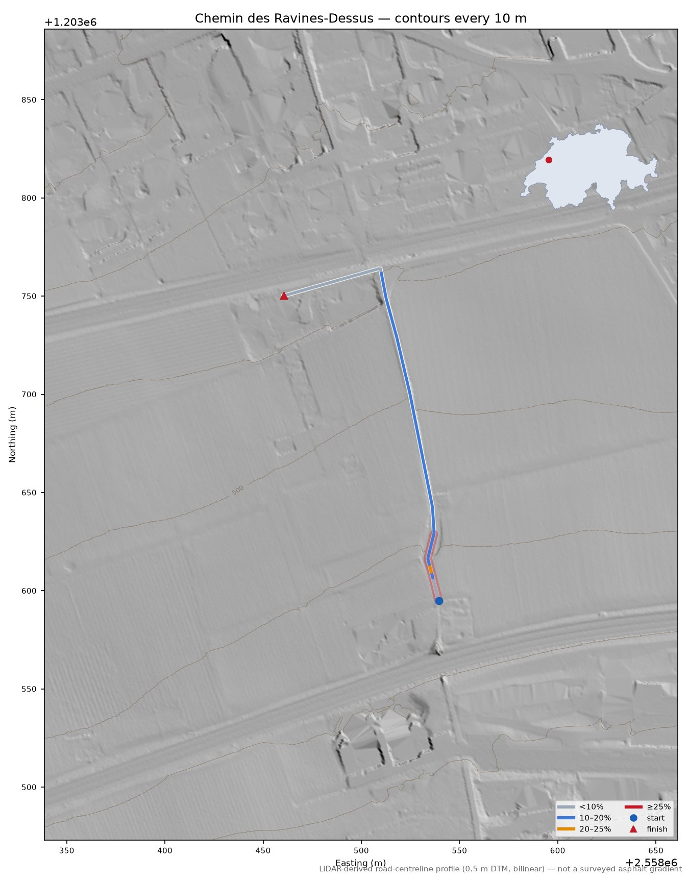 Chemin des Ravines-Dessus LiDAR hillshade map with contours