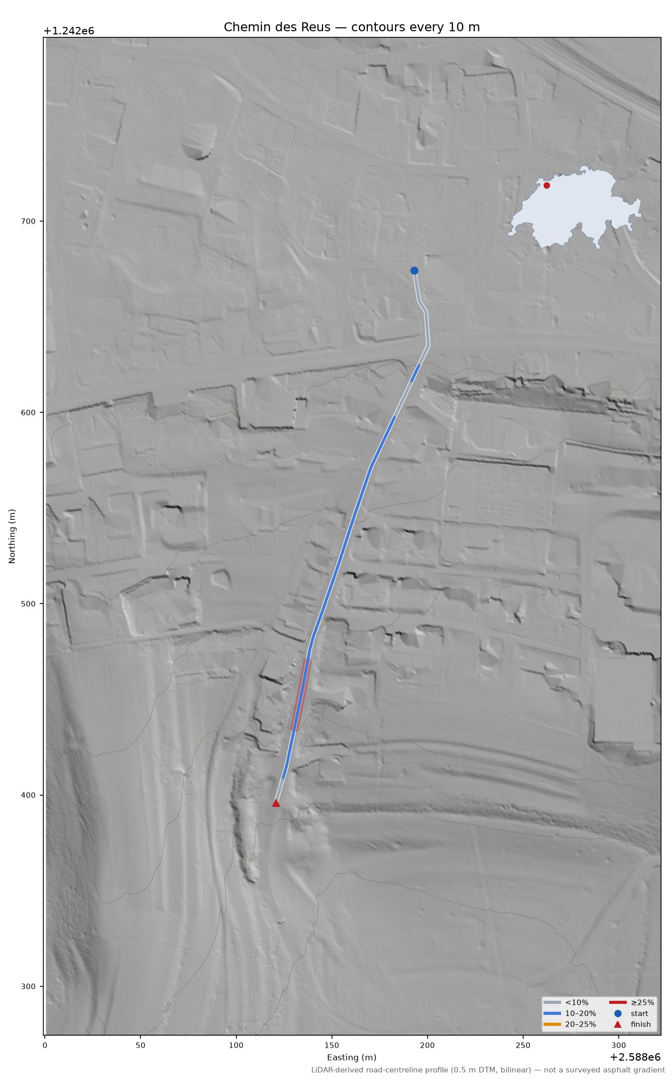 Chemin des Reus LiDAR hillshade map with contours