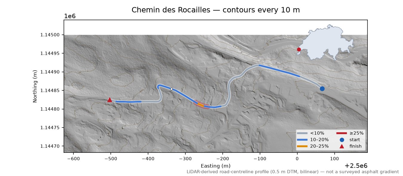 Chemin des Rocailles LiDAR hillshade map with contours