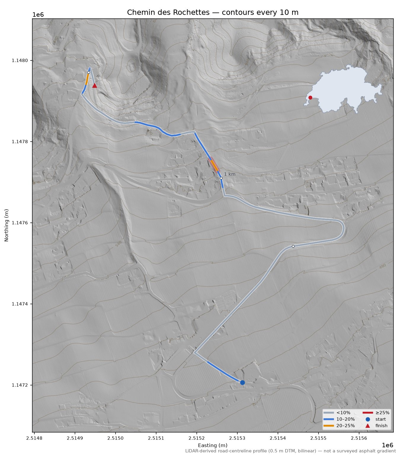 Chemin des Rochettes LiDAR hillshade map with contours