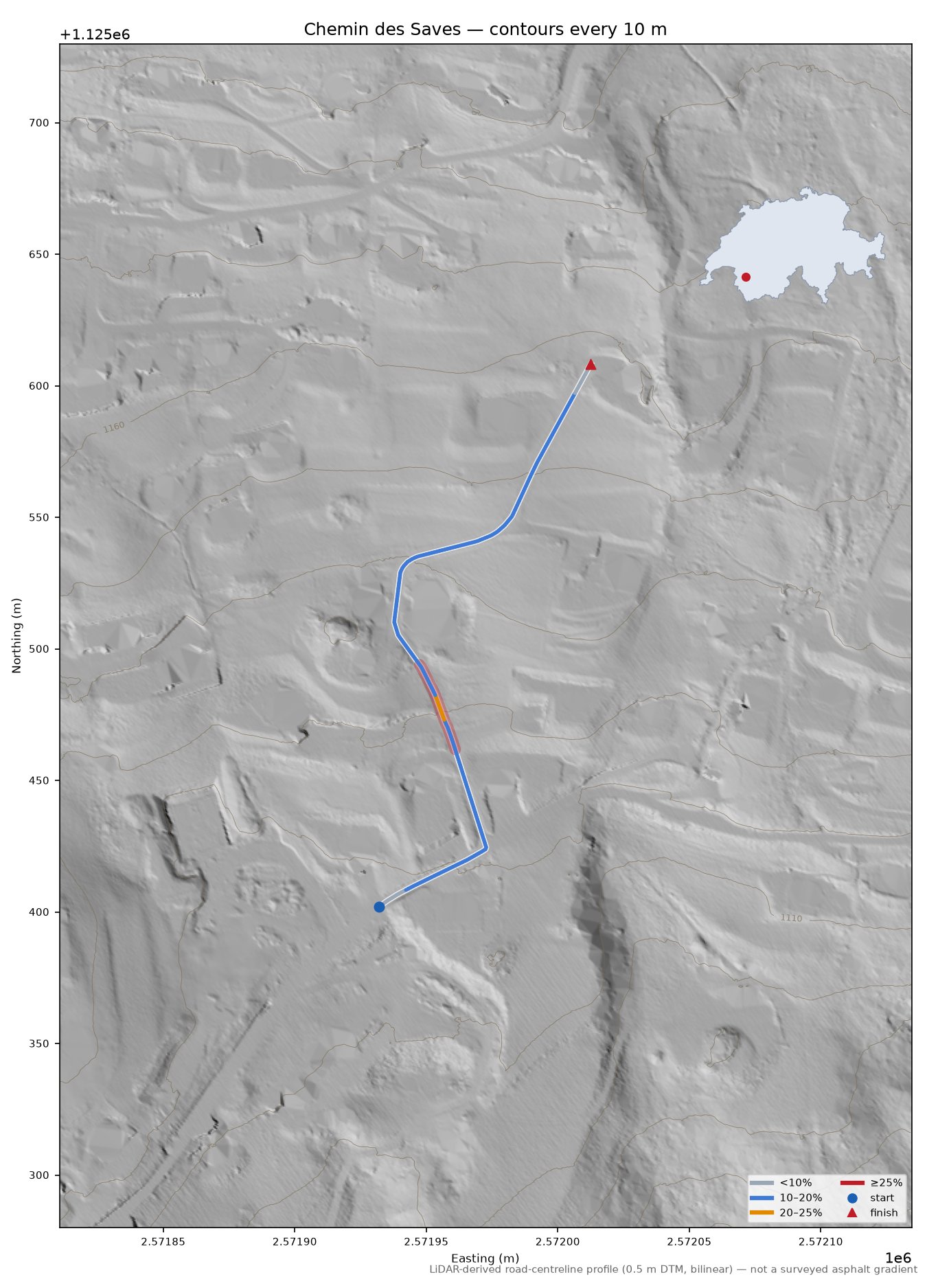 Chemin des Saves LiDAR hillshade map with contours