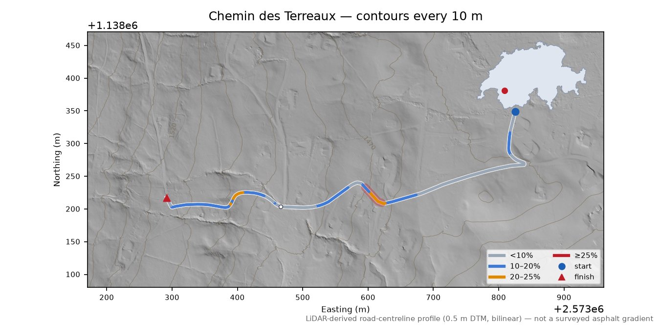 Chemin des Terreaux LiDAR hillshade map with contours