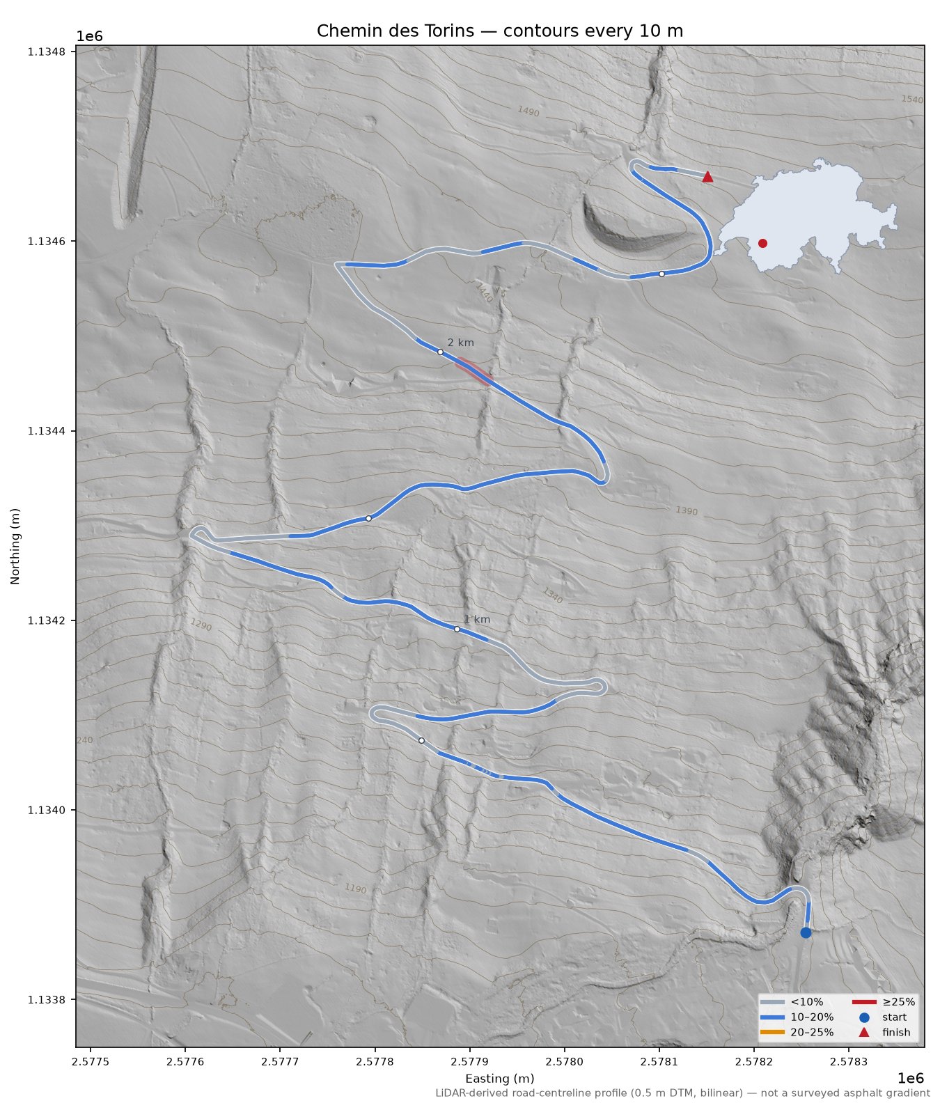 Chemin des Torins LiDAR hillshade map with contours