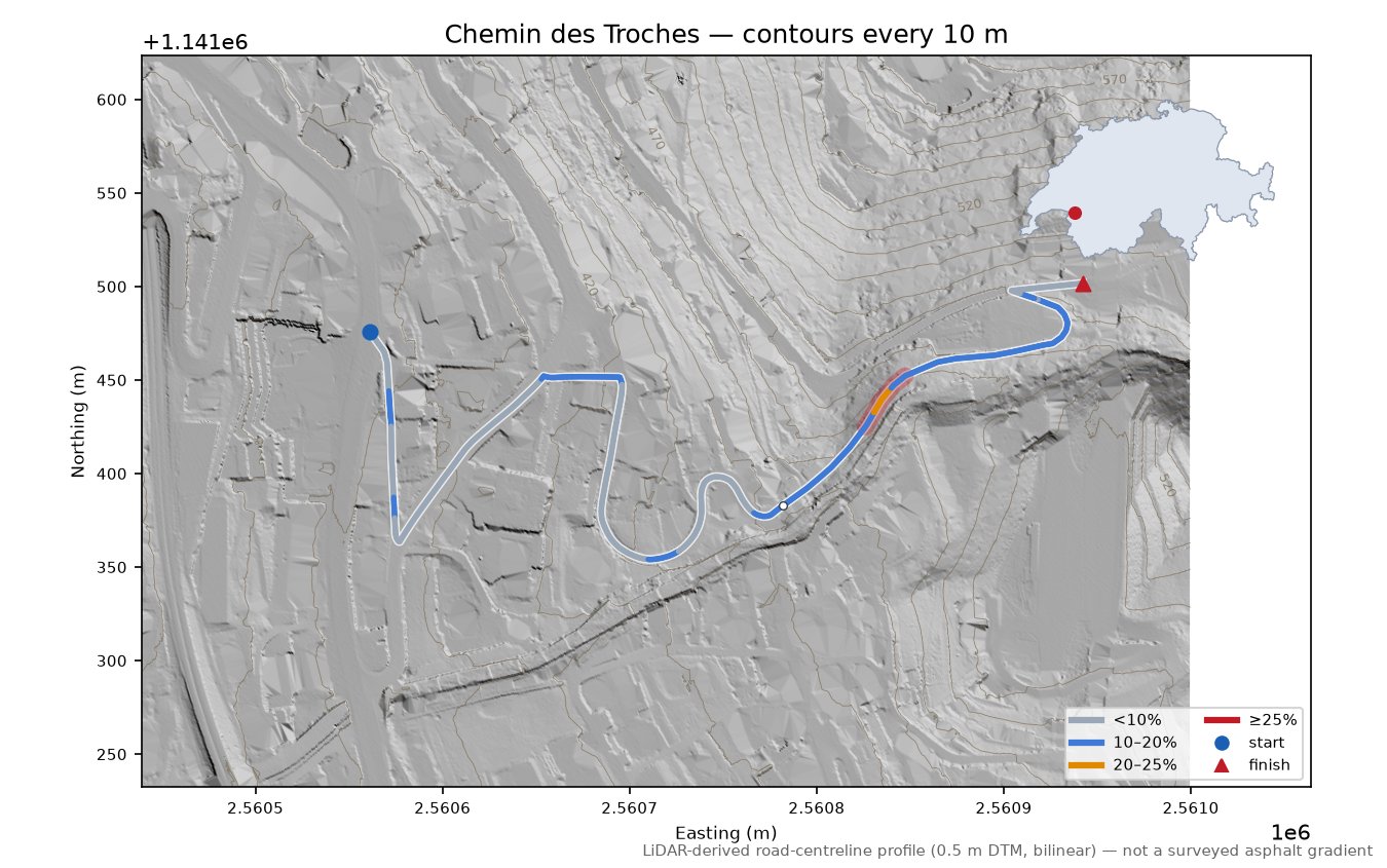 Chemin des Troches LiDAR hillshade map with contours
