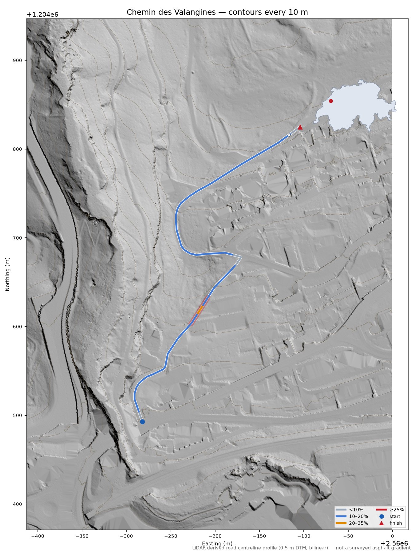 Chemin des Valangines LiDAR hillshade map with contours