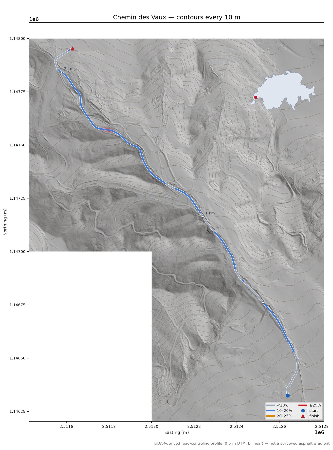 Chemin des Vaux LiDAR hillshade map with contours