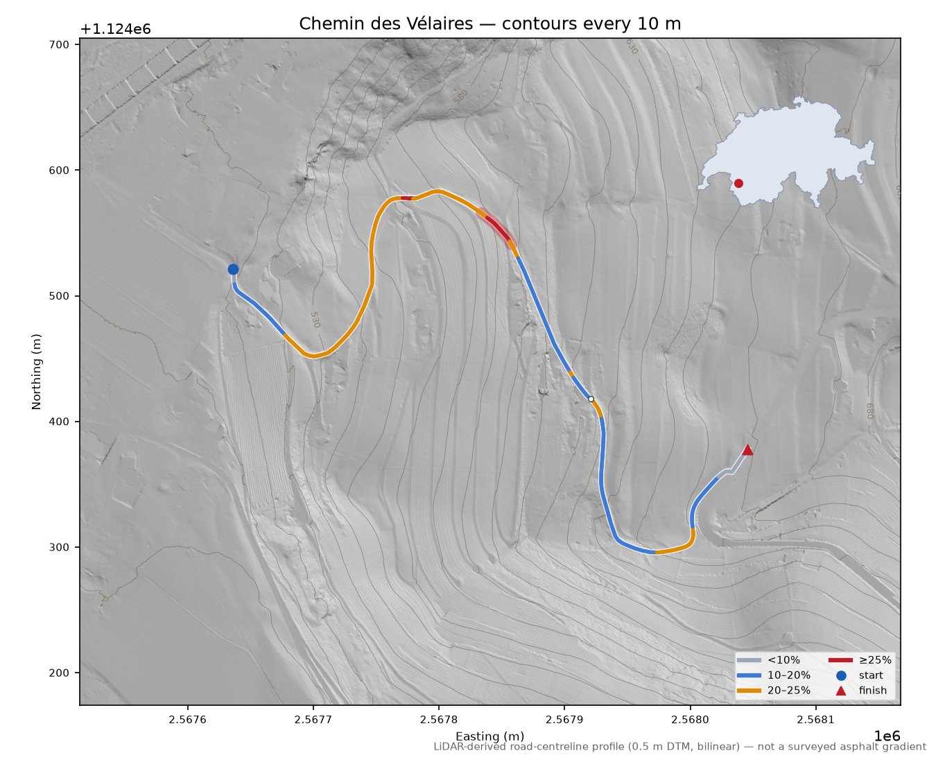 Chemin des Vélaires LiDAR hillshade map with contours
