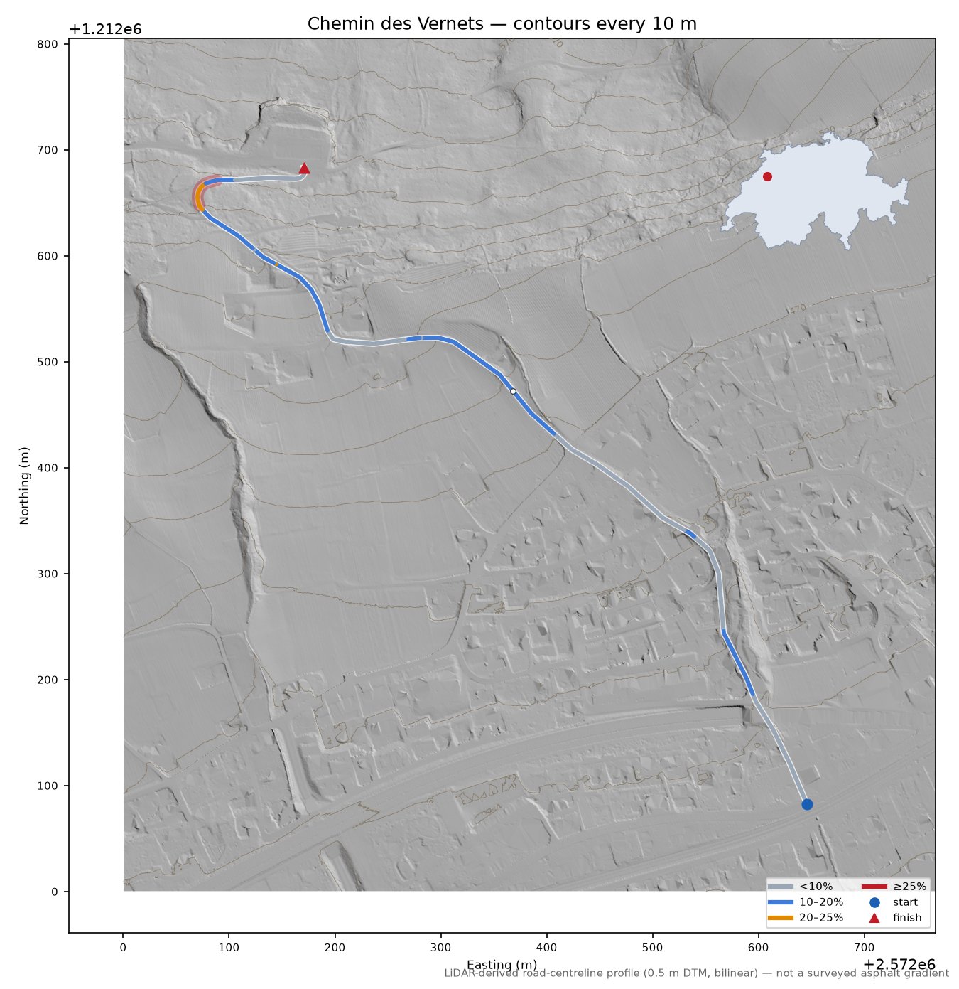 Chemin des Vernets LiDAR hillshade map with contours
