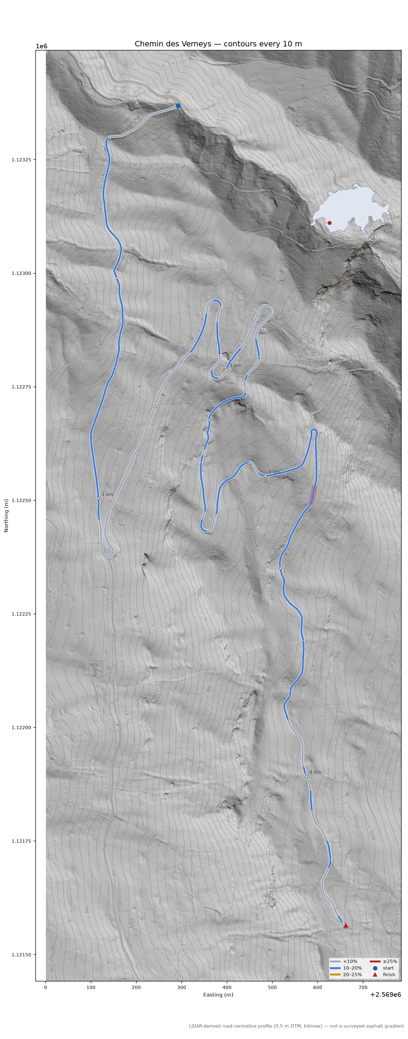 Chemin des Verneys LiDAR hillshade map with contours