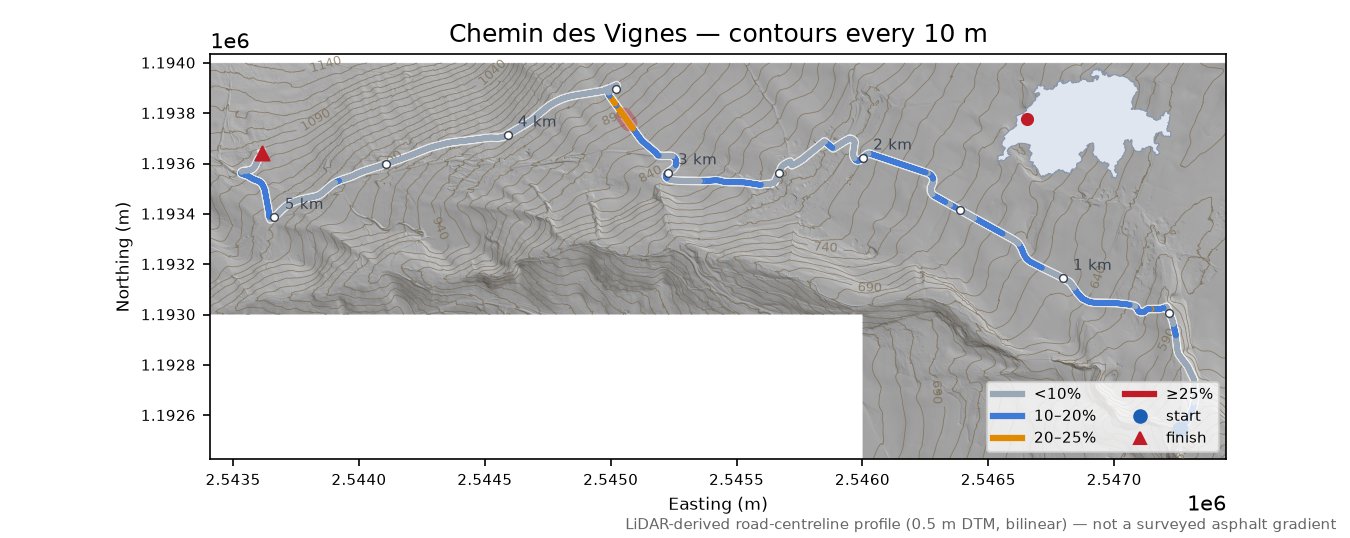 Chemin des Vignes LiDAR hillshade map with contours