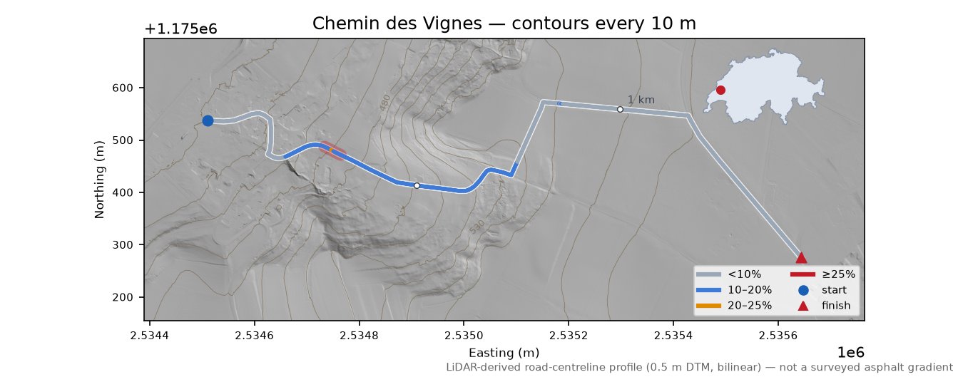 Chemin des Vignes LiDAR hillshade map with contours