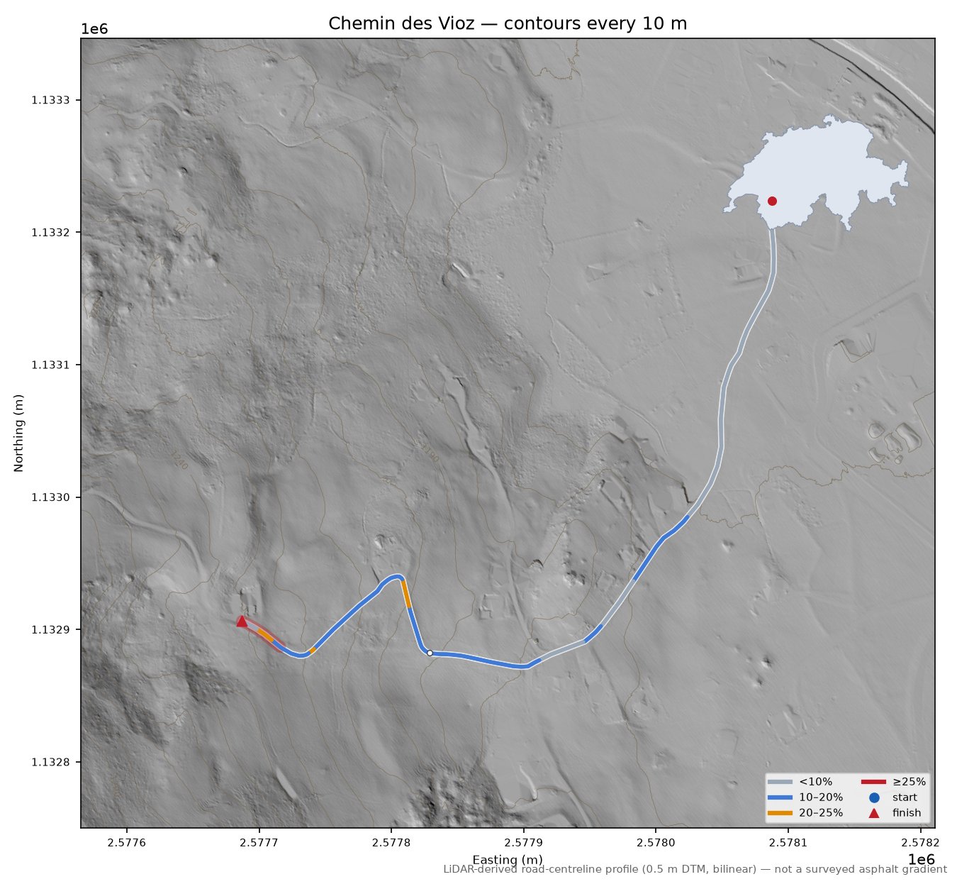 Chemin des Vioz LiDAR hillshade map with contours