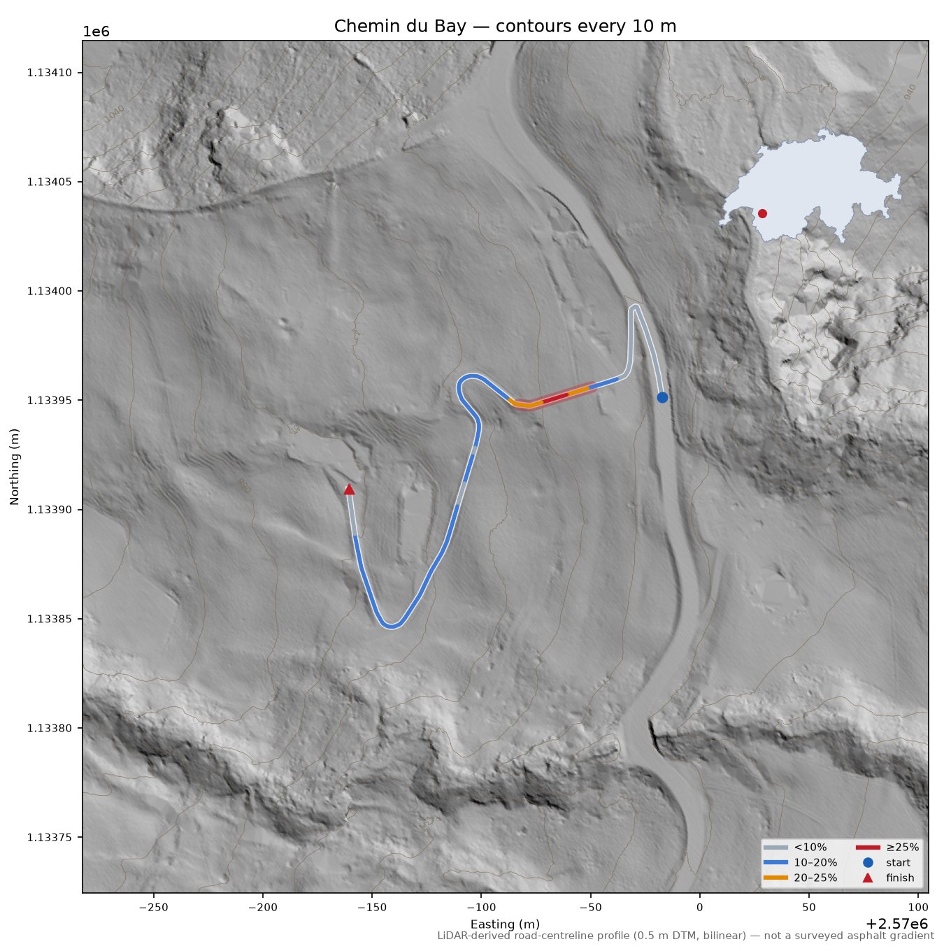Chemin du Bay LiDAR hillshade map with contours