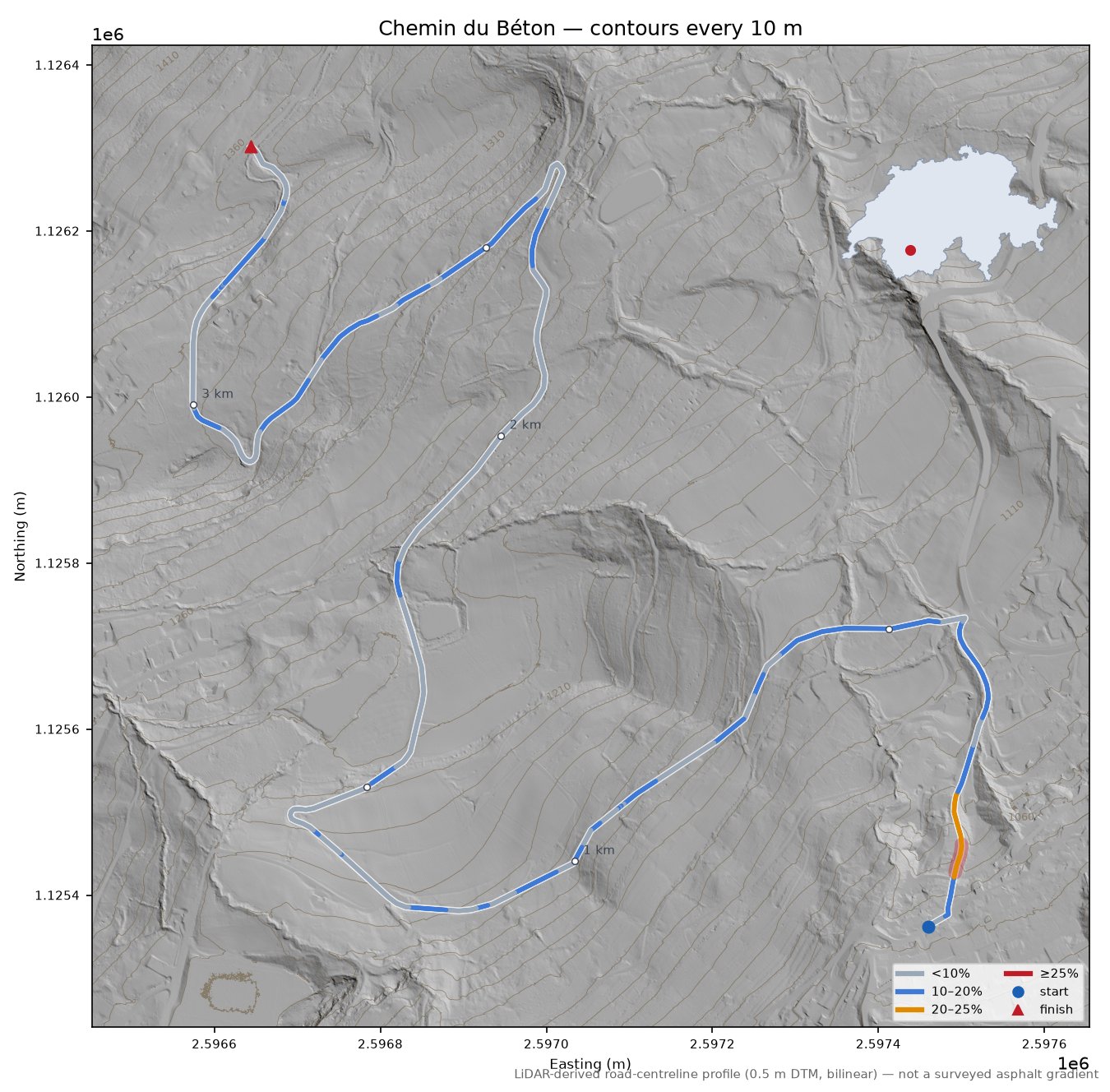 Chemin du Béton LiDAR hillshade map with contours
