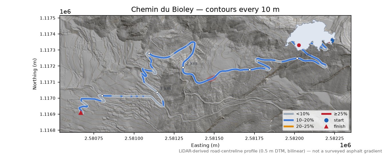 Chemin du Bioley LiDAR hillshade map with contours