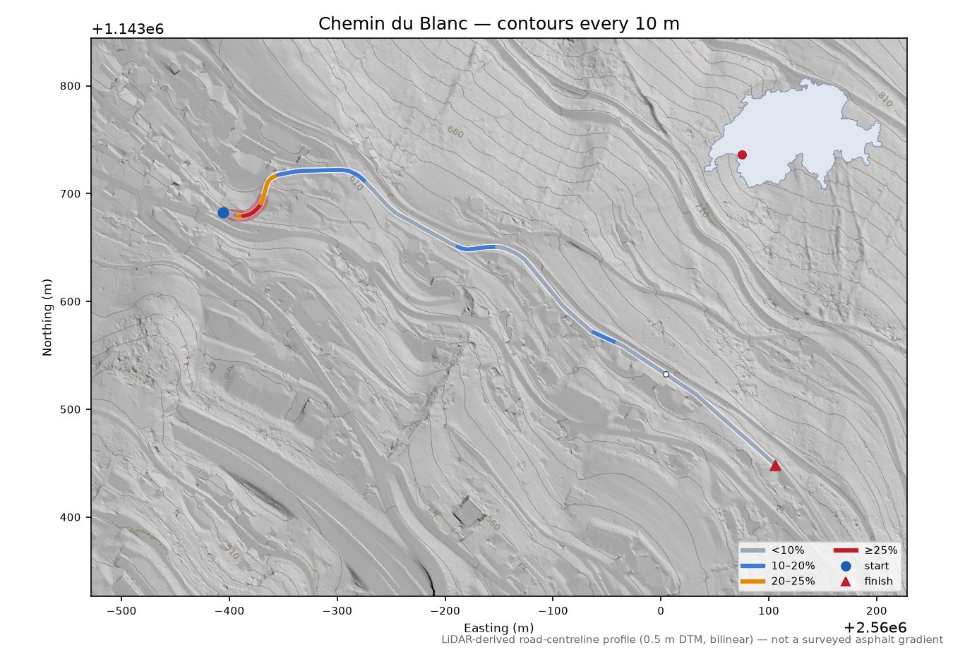 Chemin du Blanc LiDAR hillshade map with contours
