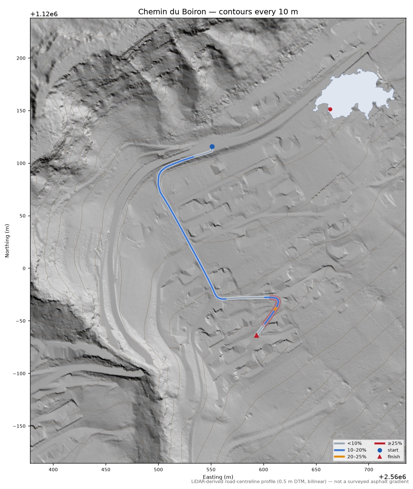 Chemin du Boiron LiDAR hillshade map with contours
