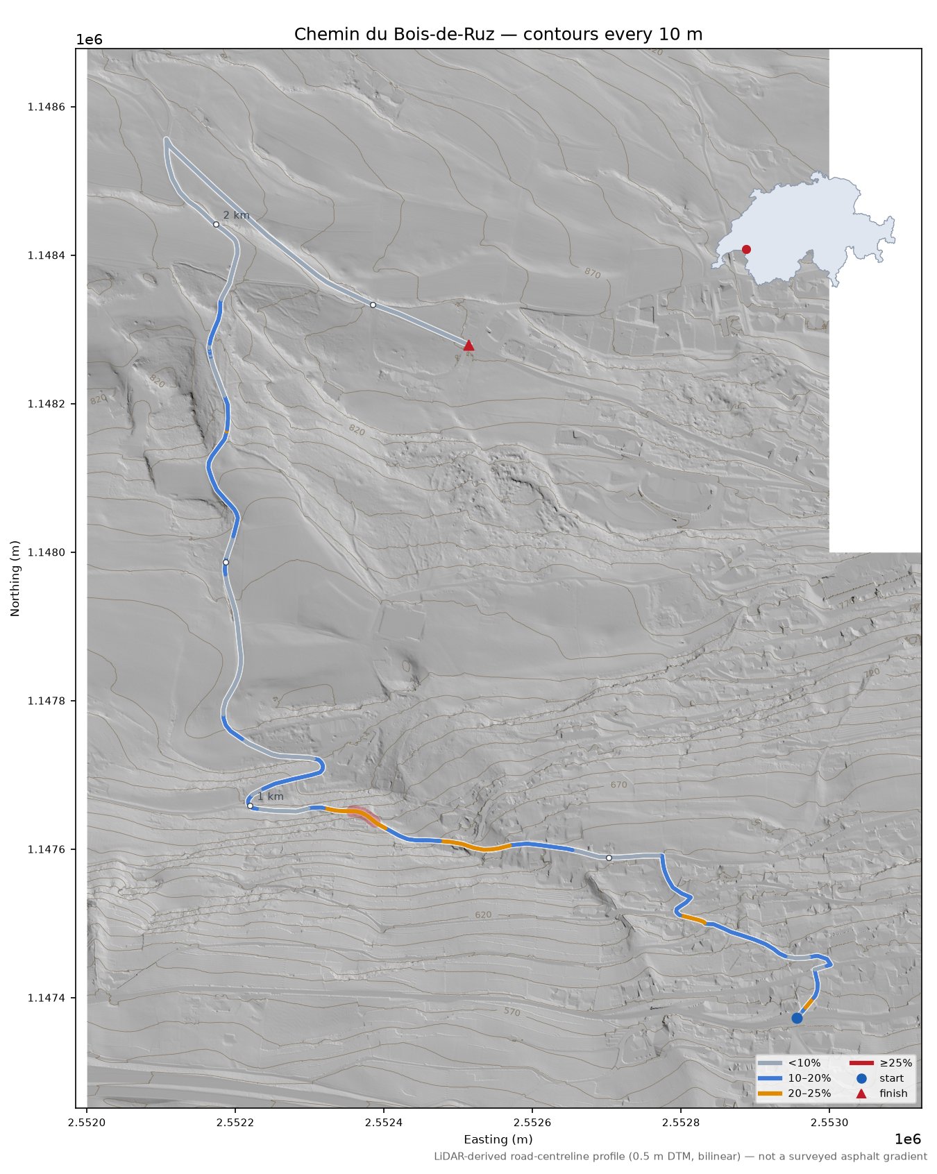 Chemin du Bois-de-Ruz LiDAR hillshade map with contours