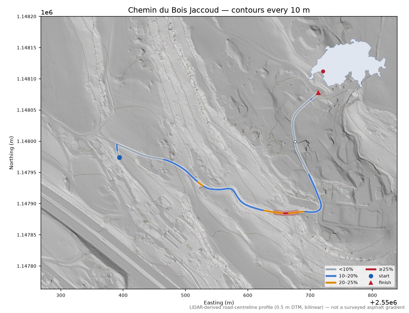 Chemin du Bois Jaccoud LiDAR hillshade map with contours