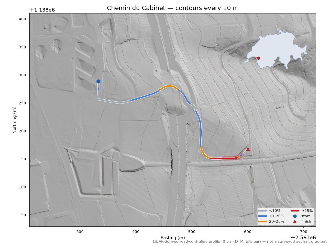 Chemin du Cabinet LiDAR hillshade map with contours