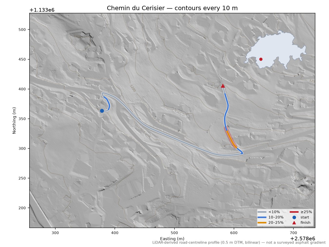 Chemin du Cerisier LiDAR hillshade map with contours