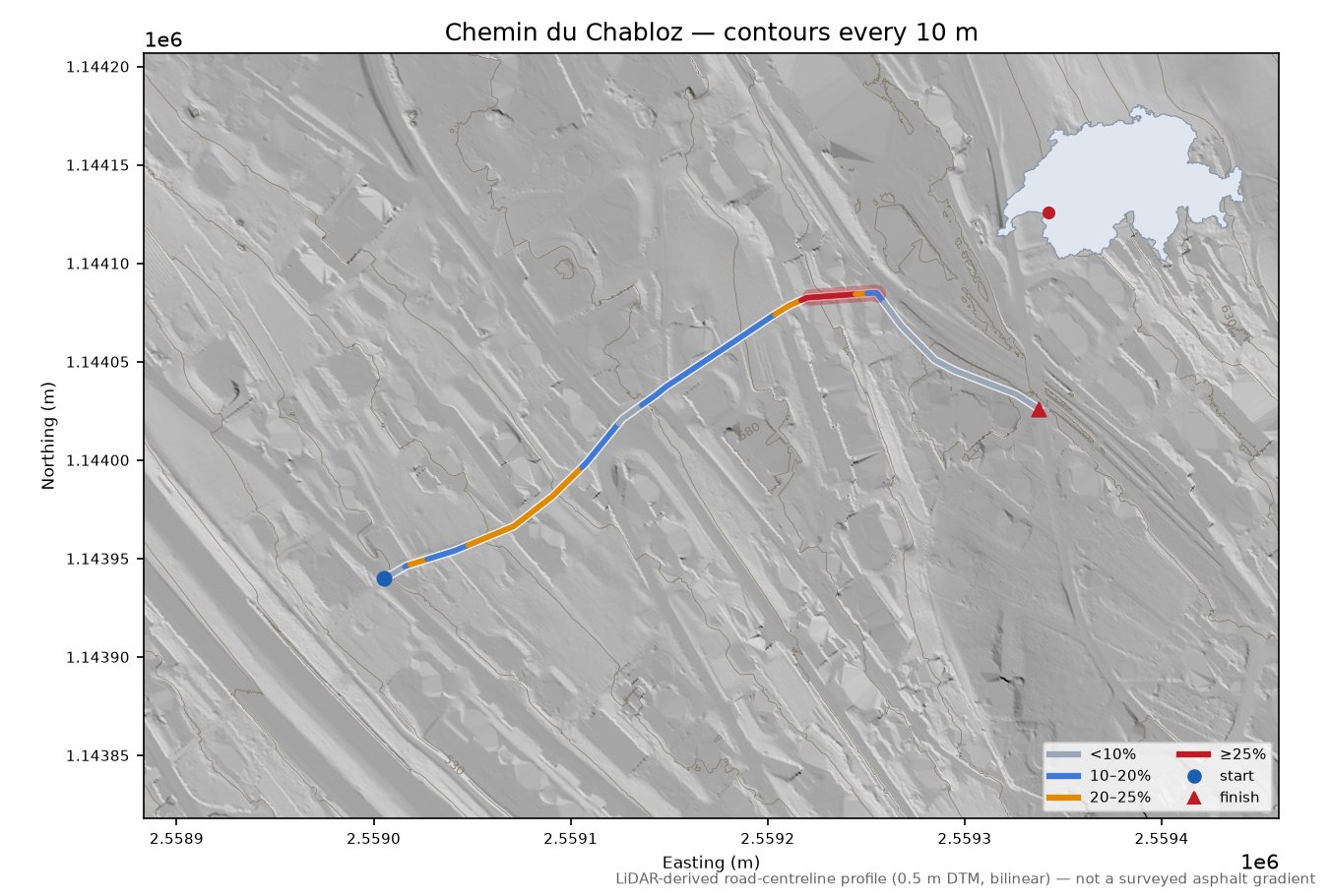Chemin du Chabloz LiDAR hillshade map with contours