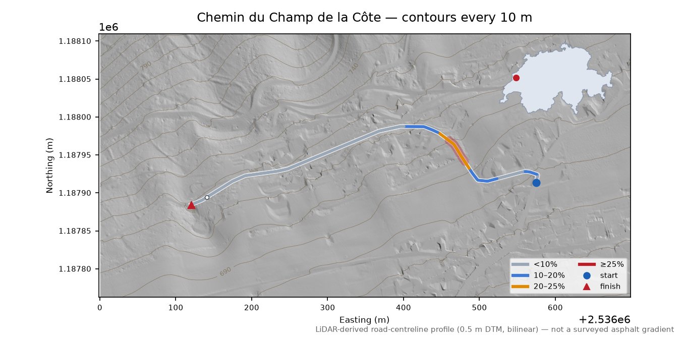 Chemin du Champ de la Côte LiDAR hillshade map with contours