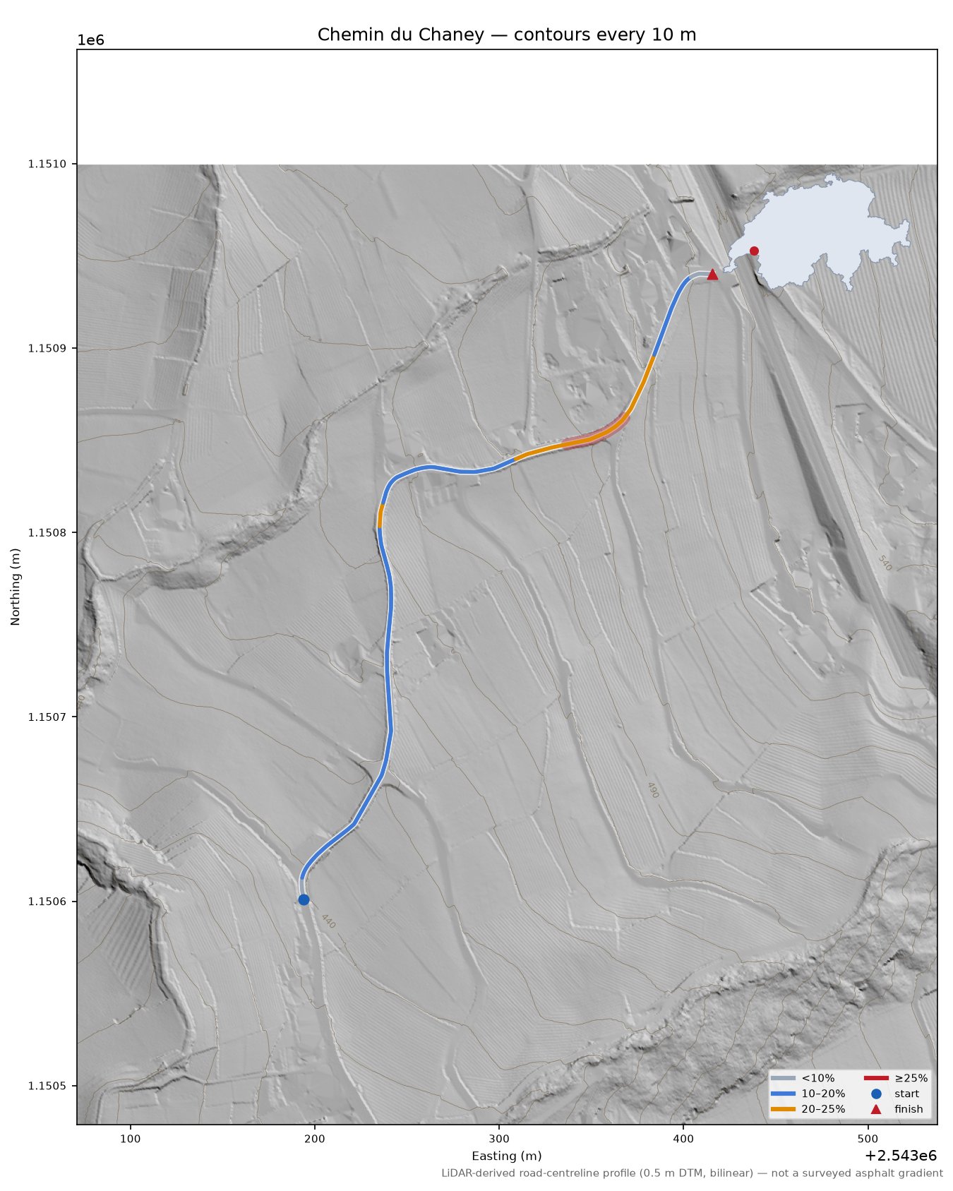 Chemin du Chaney LiDAR hillshade map with contours