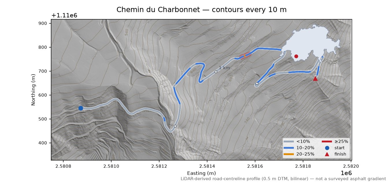 Chemin du Charbonnet LiDAR hillshade map with contours