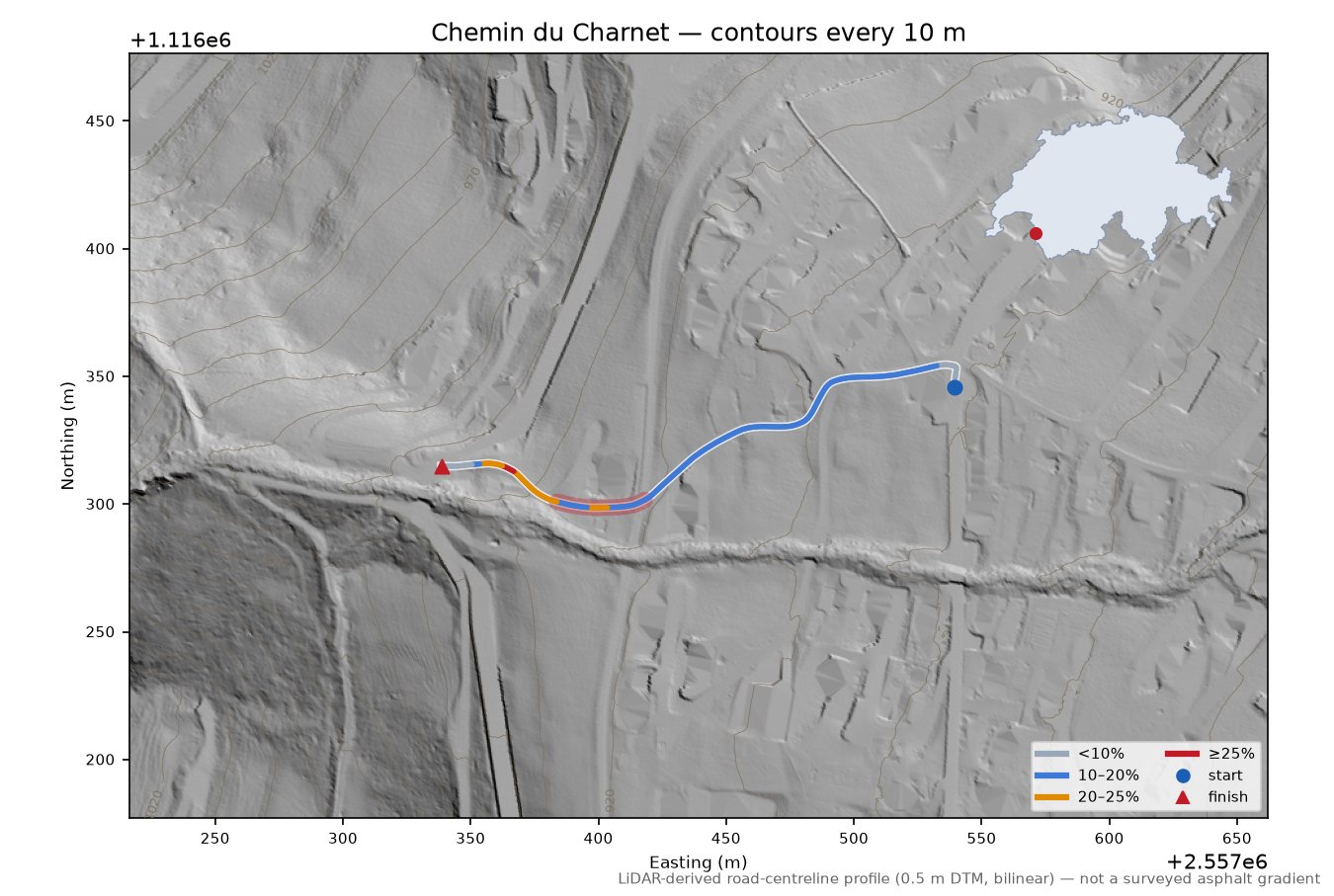 Chemin du Charnet LiDAR hillshade map with contours