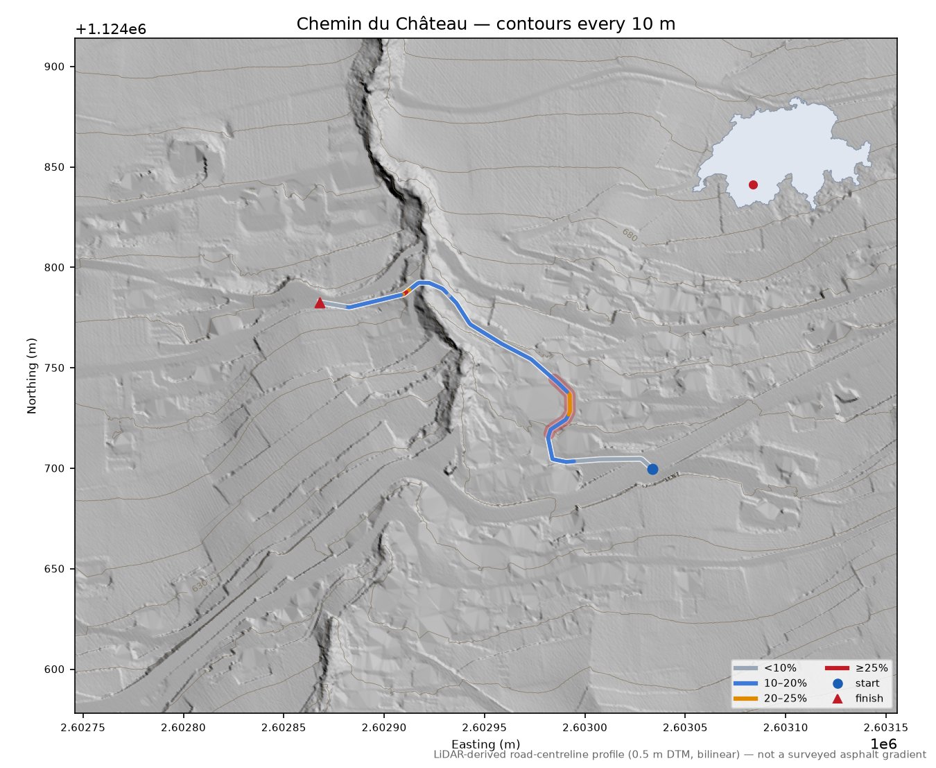 Chemin du Château LiDAR hillshade map with contours