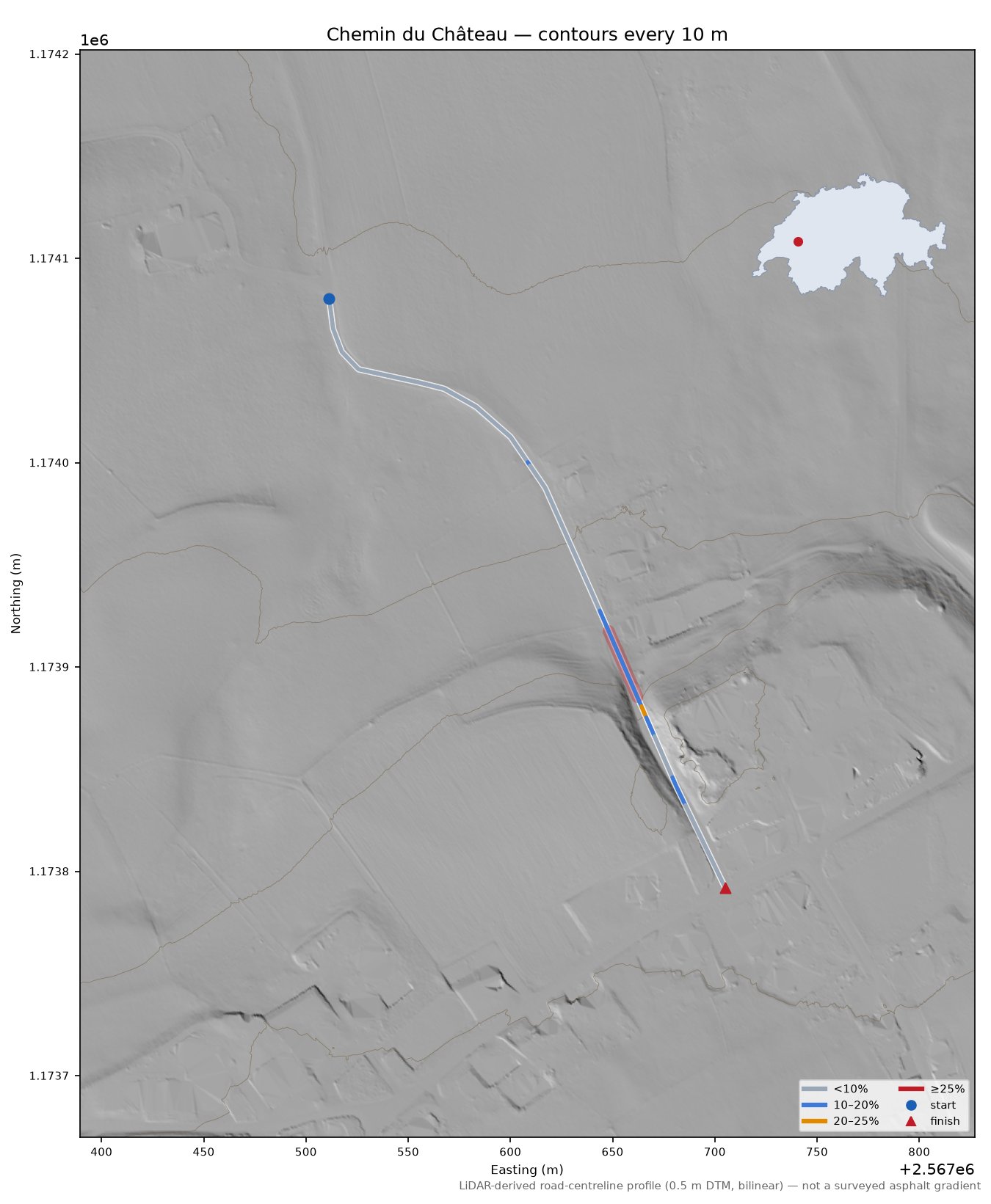 Chemin du Château LiDAR hillshade map with contours