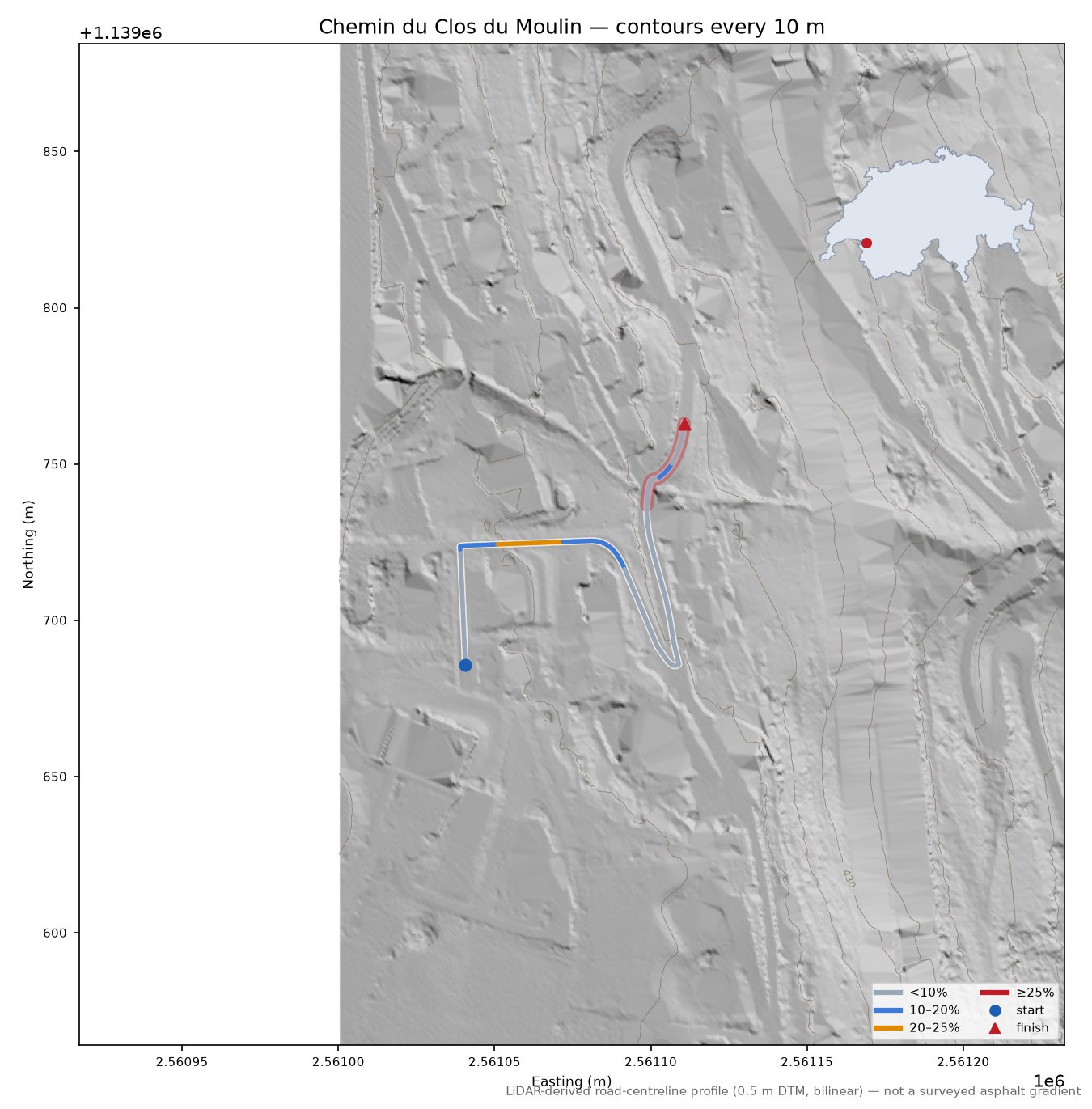 Chemin du Clos du Moulin LiDAR hillshade map with contours