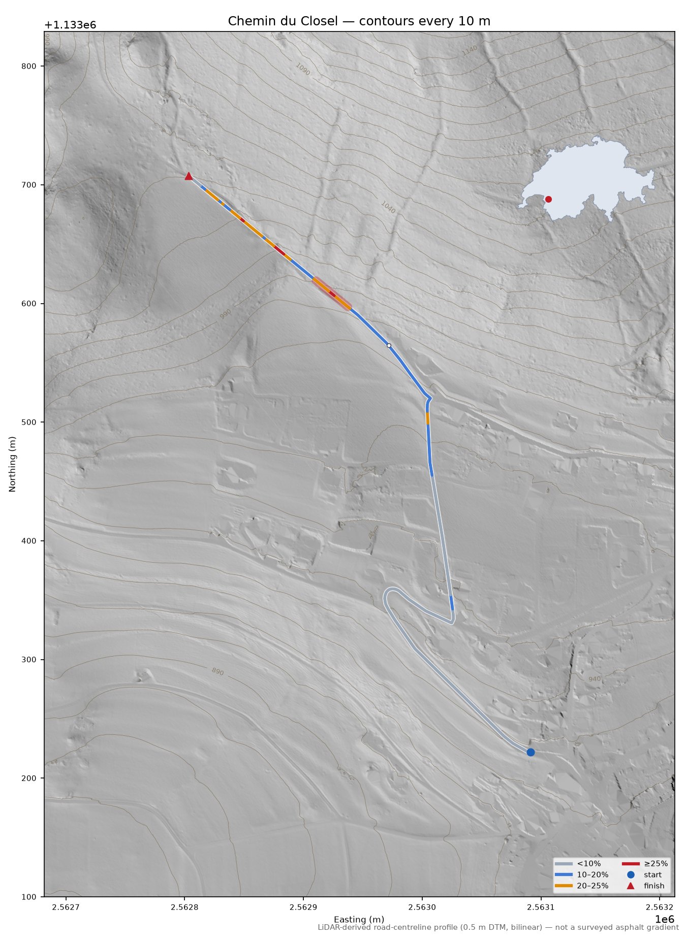 Chemin du Closel LiDAR hillshade map with contours