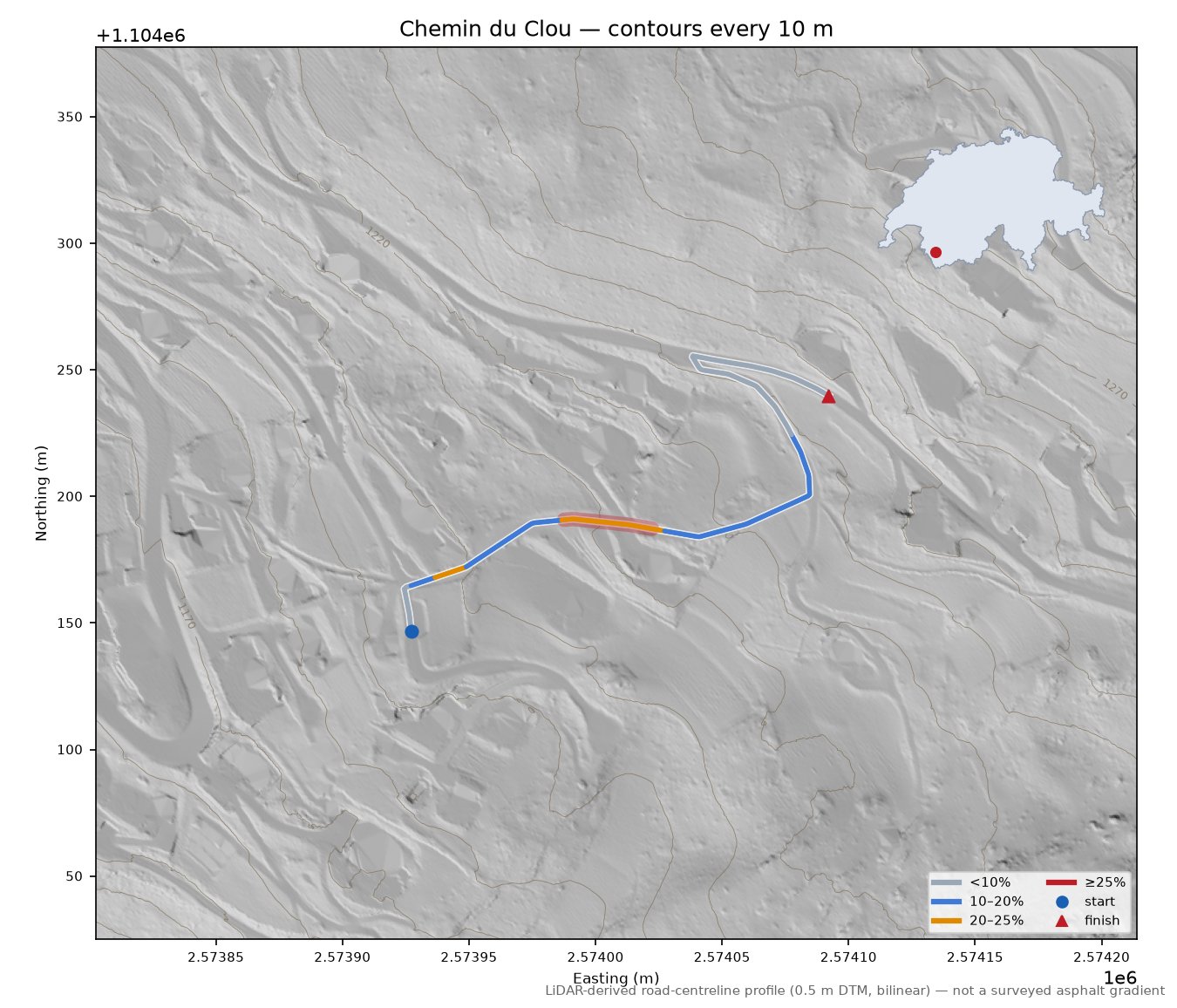 Chemin du Clou LiDAR hillshade map with contours
