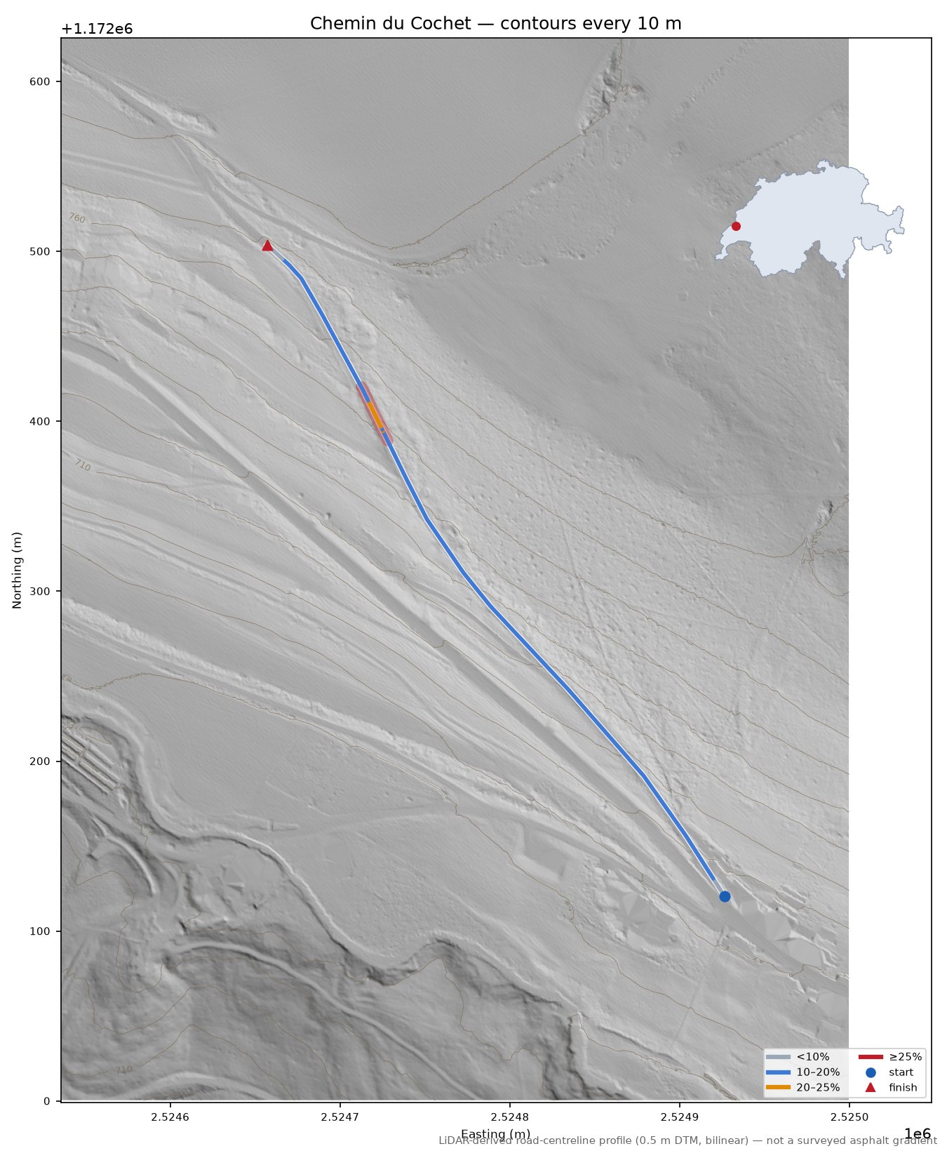 Chemin du Cochet LiDAR hillshade map with contours