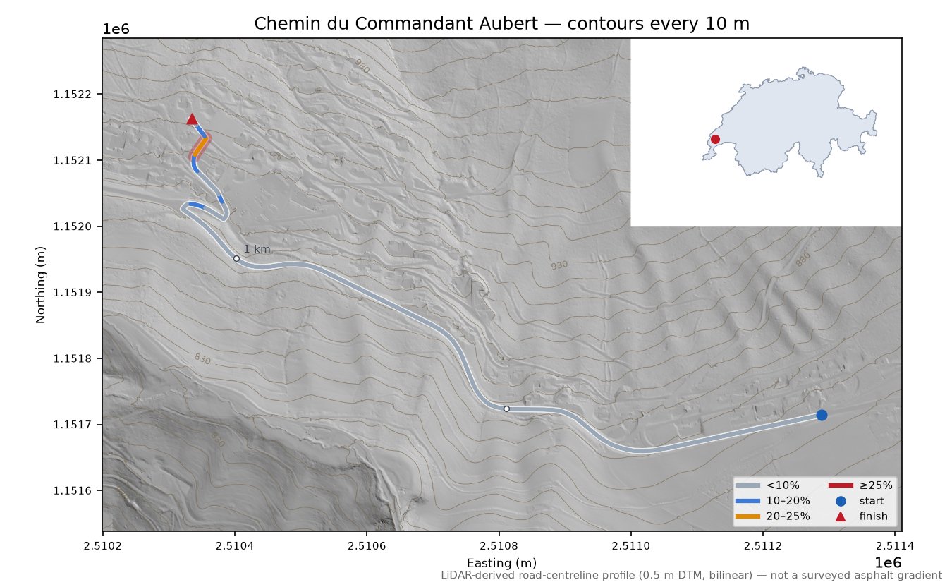 Chemin du Commandant Aubert LiDAR hillshade map with contours