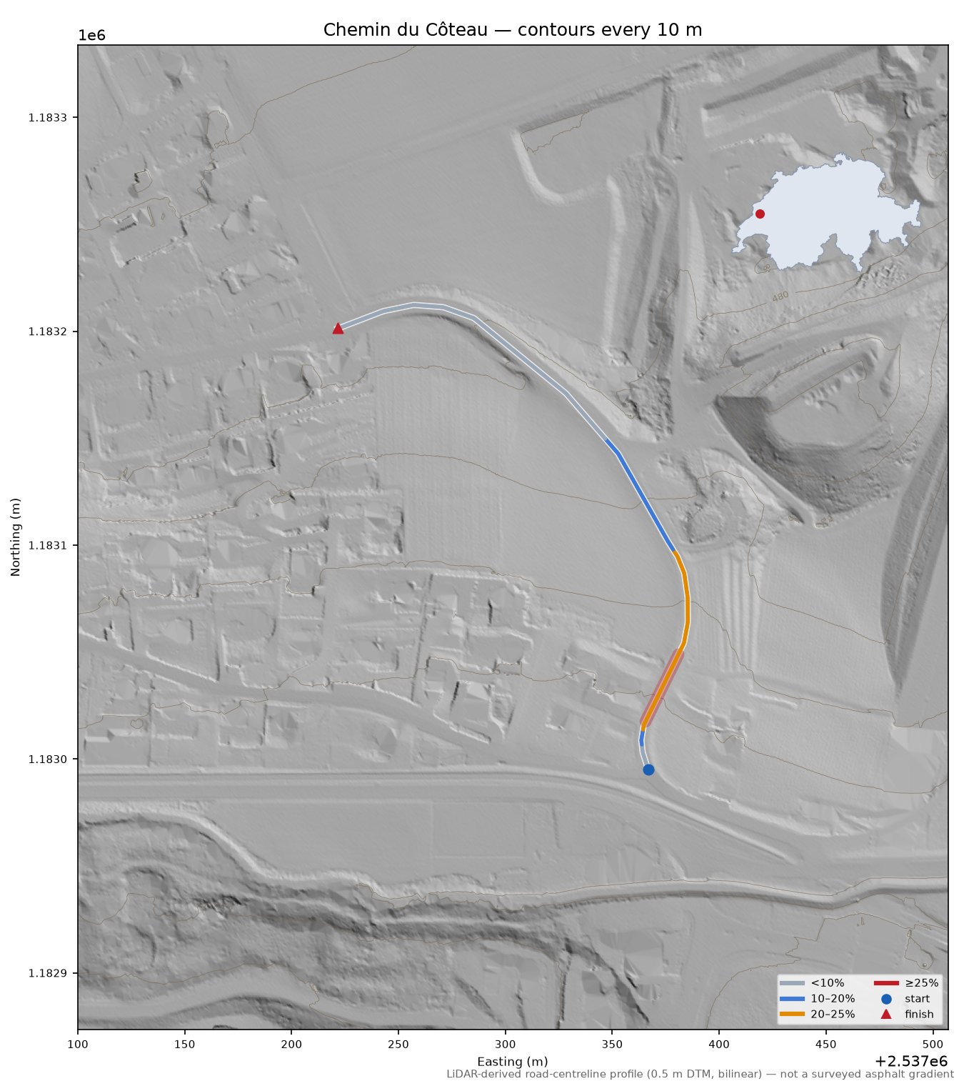 Chemin du Côteau LiDAR hillshade map with contours