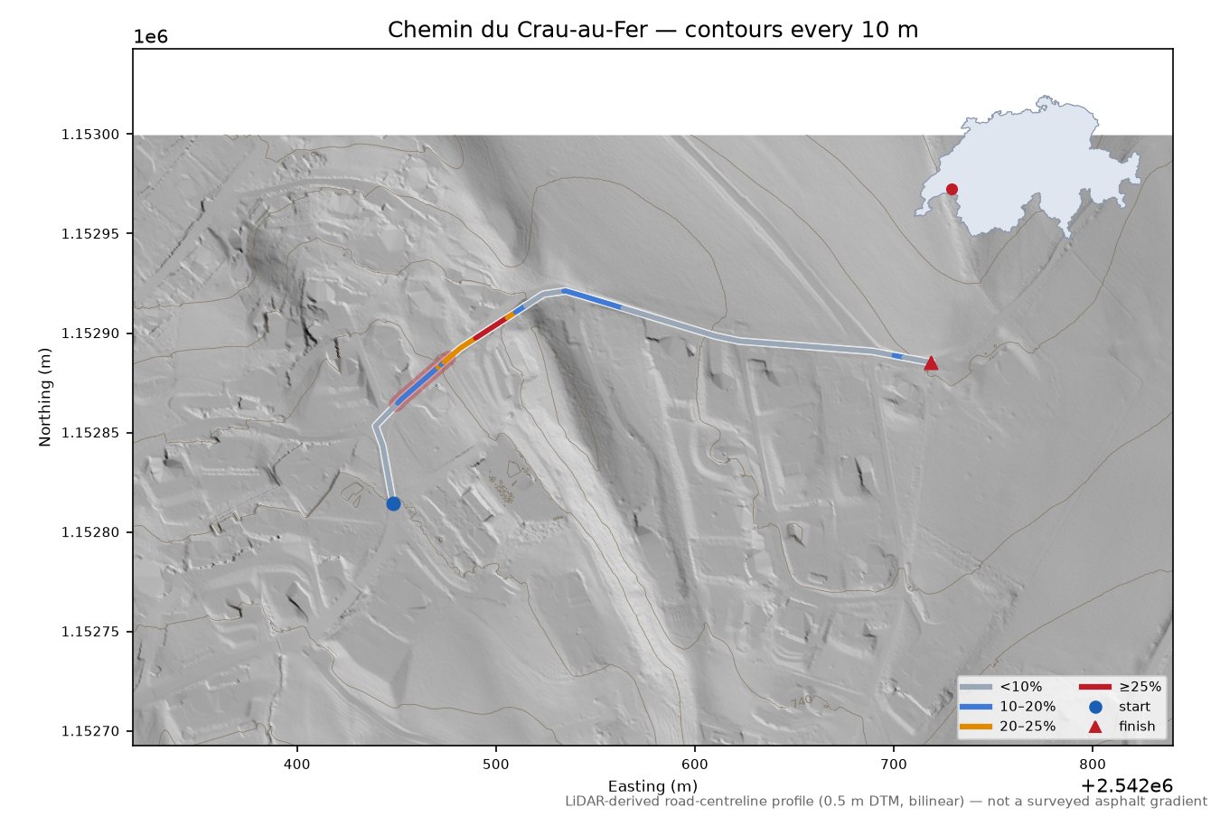 Chemin du Crau-au-Fer LiDAR hillshade map with contours