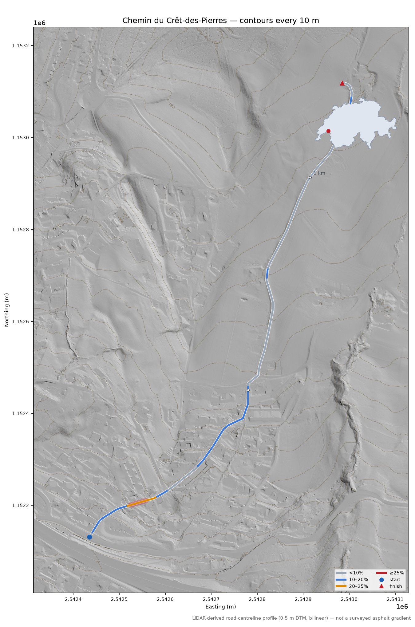 Chemin du Crêt-des-Pierres LiDAR hillshade map with contours