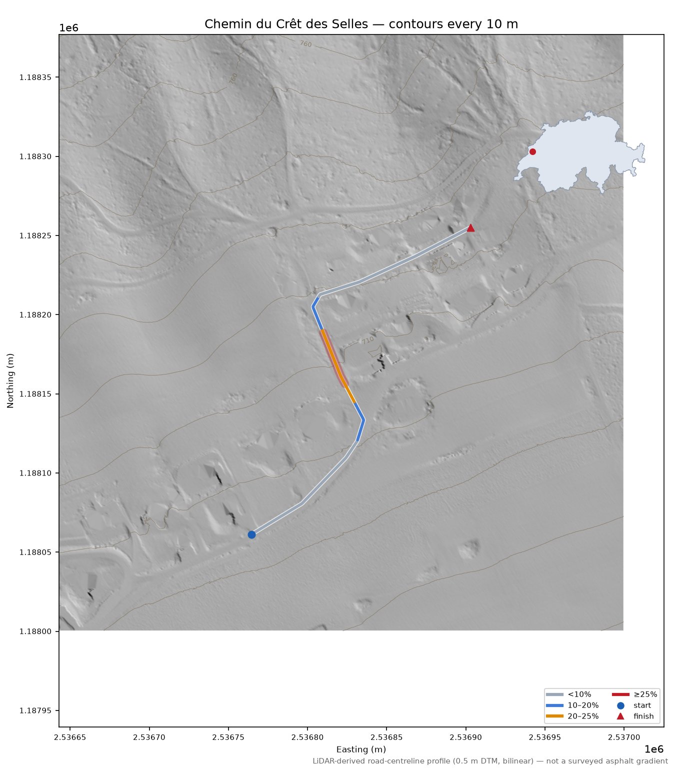 Chemin du Crêt des Selles LiDAR hillshade map with contours