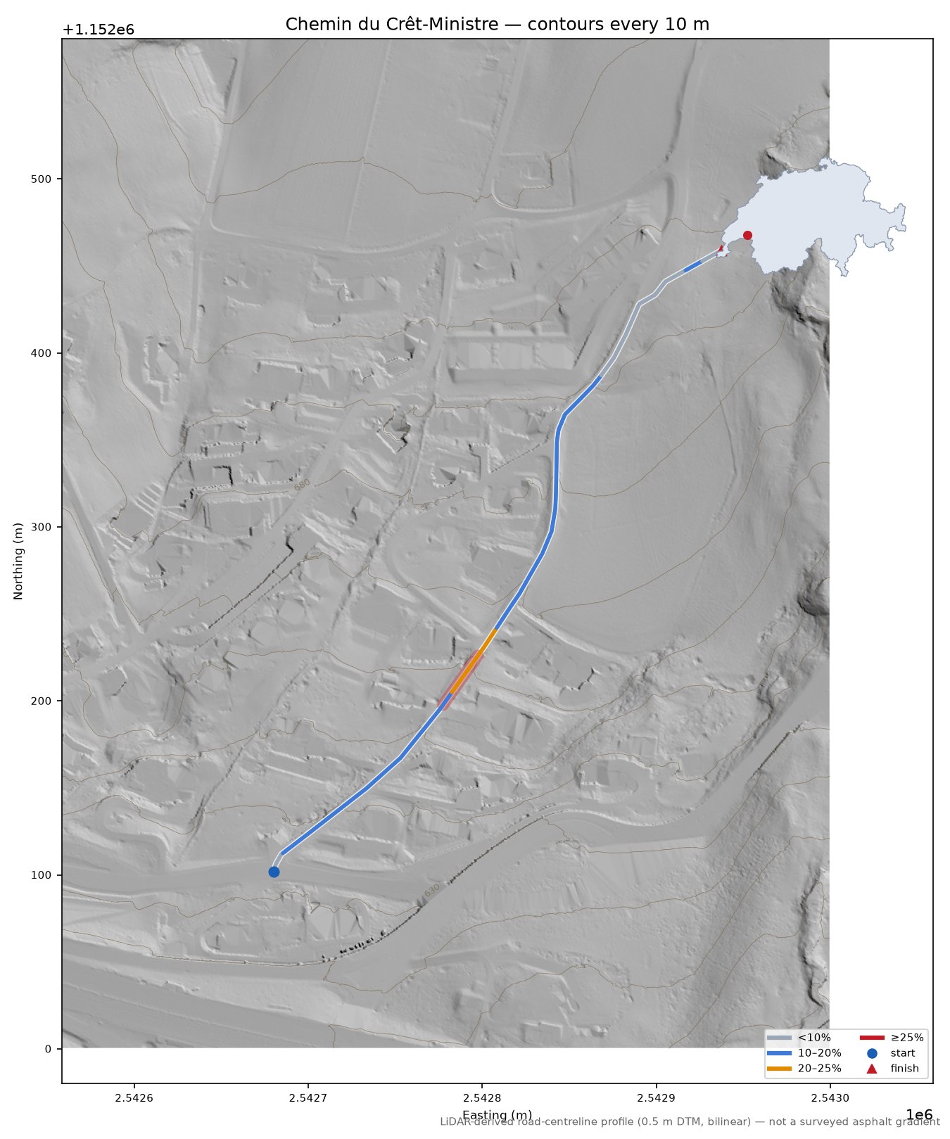 Chemin du Crêt-Ministre LiDAR hillshade map with contours