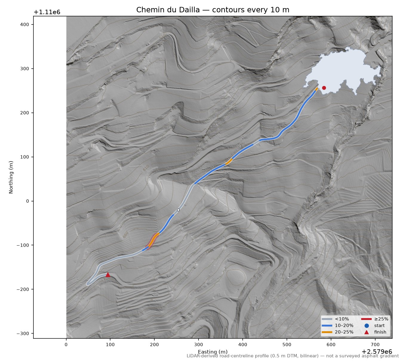 Chemin du Dailla LiDAR hillshade map with contours